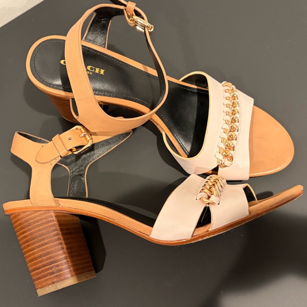 Coach Leather Tan and Gold Chain Heeled Sandals